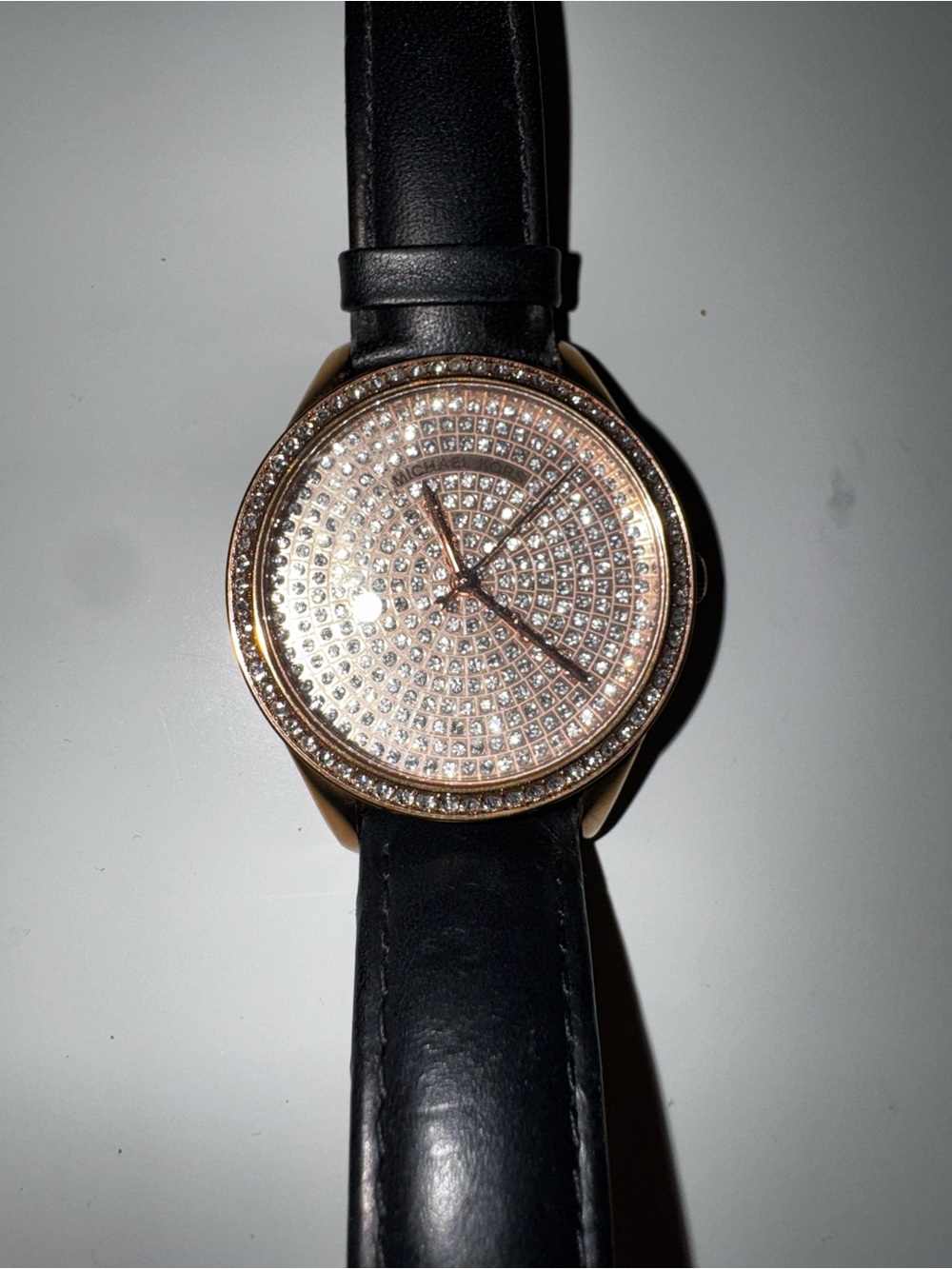 Michael Kors Rose Gold Pavé Dial Black Leather Strap Watch